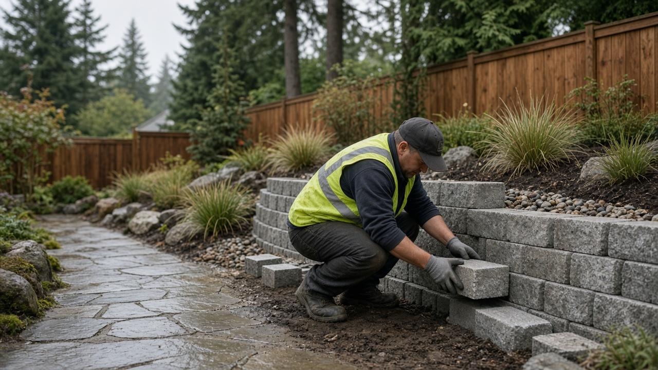 Retaining wall installation crew working on a Burnaby BC property
